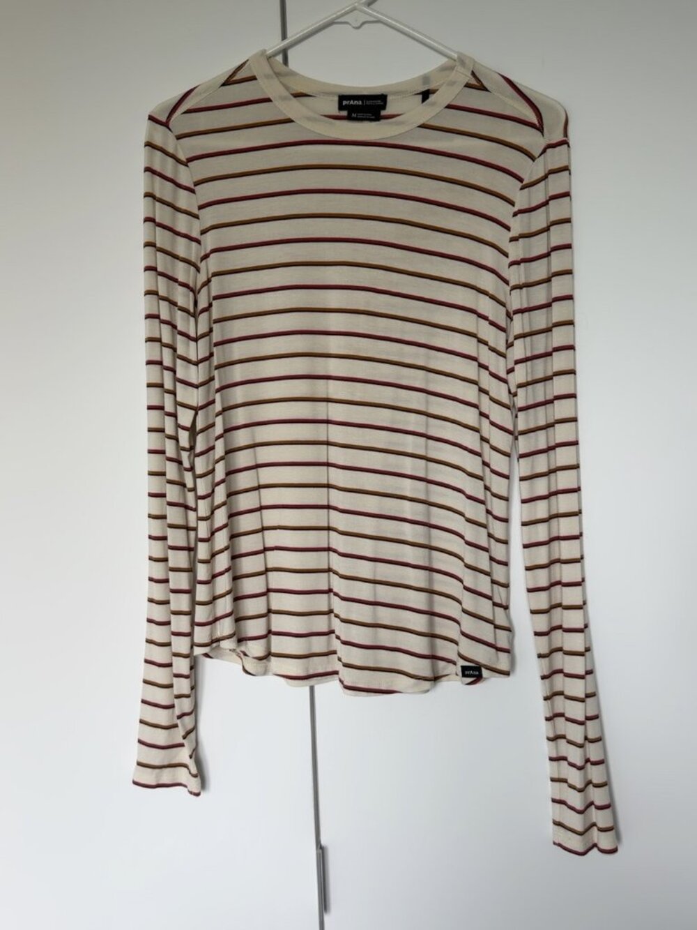 prAna Striped Long Sleeve Crewneck Top Medium Cream Red Mustard